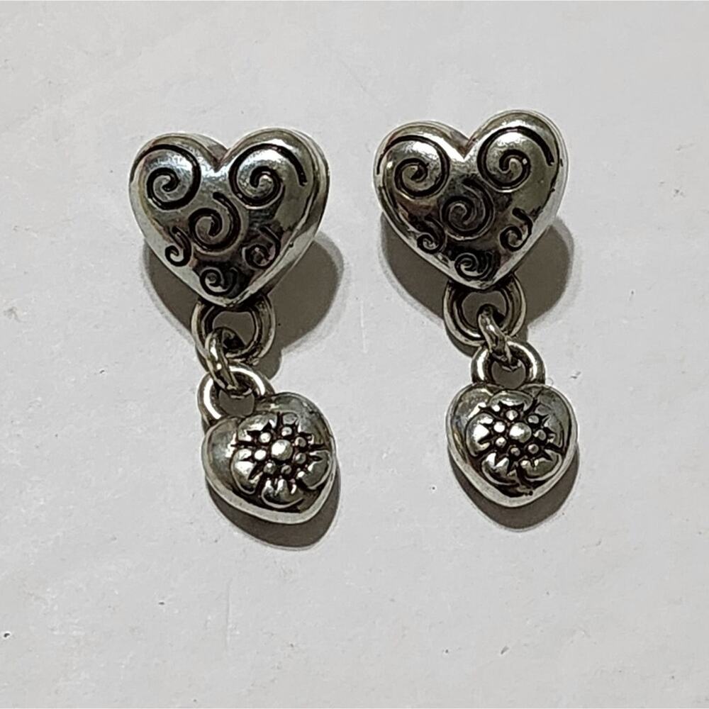 Brighton vintage retired heart‎ stud silver plated drop earrings